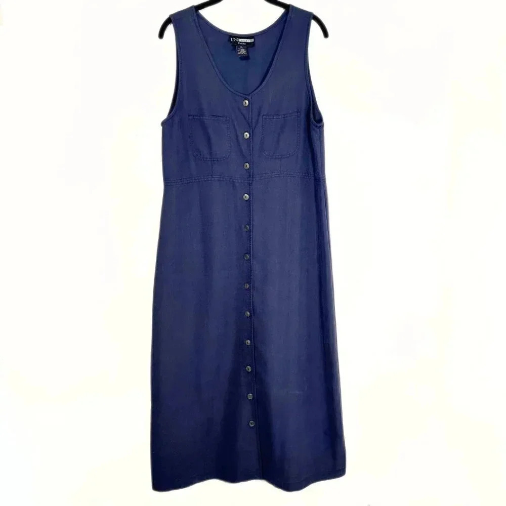 In Focus Women’s Vintage Dress Blue Midi‎ Shift Button Down Size Petite Large